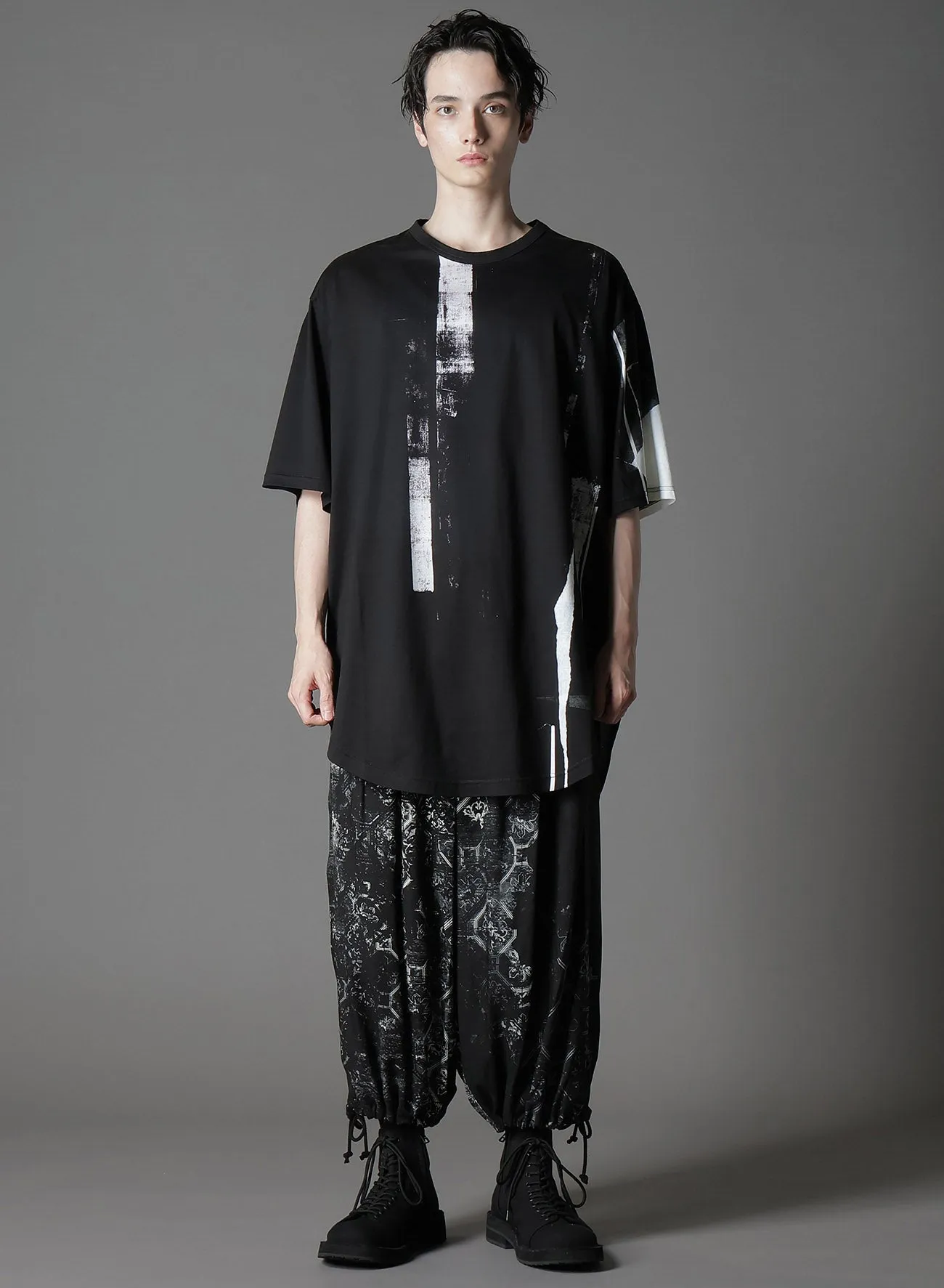 COTTON JERSEY TORN PATTERN HEM ROUND JUMBO T-SHIRT SHORT SLEEVES