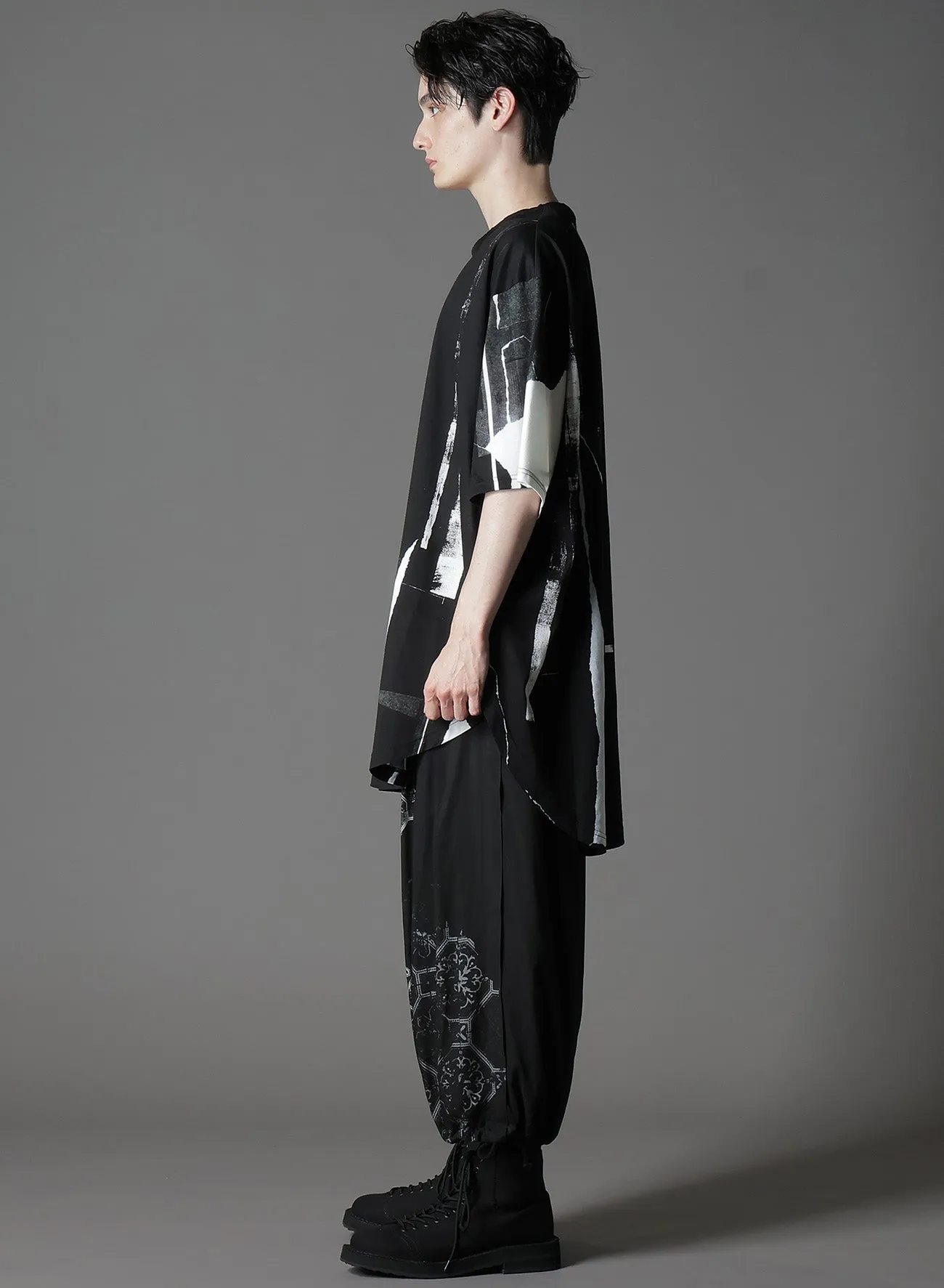 COTTON JERSEY TORN PATTERN HEM ROUND JUMBO T-SHIRT SHORT SLEEVES