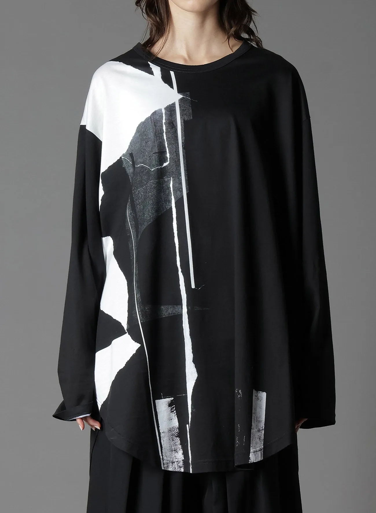 COTTON JERSEYTORN PATTERN HEM ROUND JUMBO T-SHIRT LONG SLEEVES