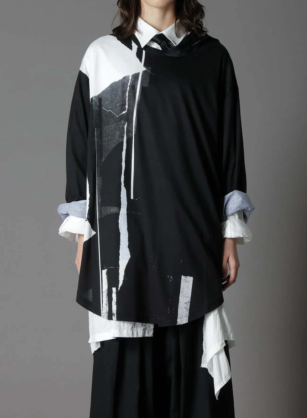 COTTON JERSEYTORN PATTERN HEM ROUND JUMBO T-SHIRT LONG SLEEVES