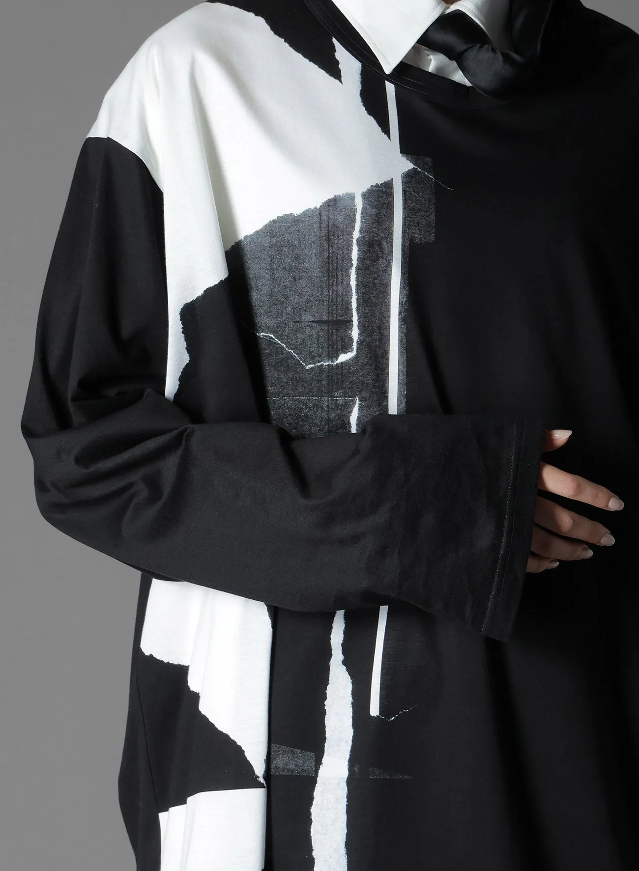 COTTON JERSEYTORN PATTERN HEM ROUND JUMBO T-SHIRT LONG SLEEVES