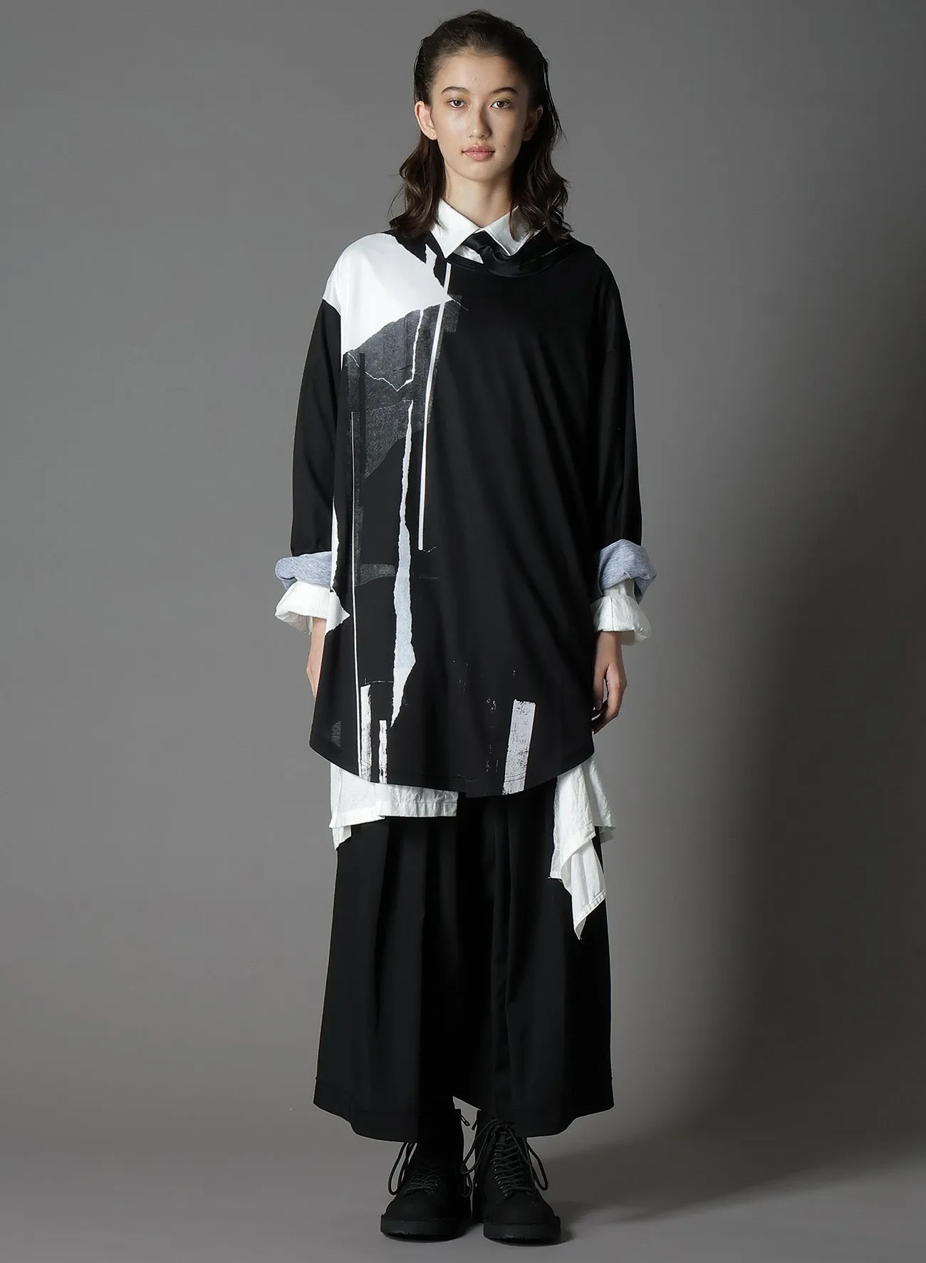COTTON JERSEYTORN PATTERN HEM ROUND JUMBO T-SHIRT LONG SLEEVES