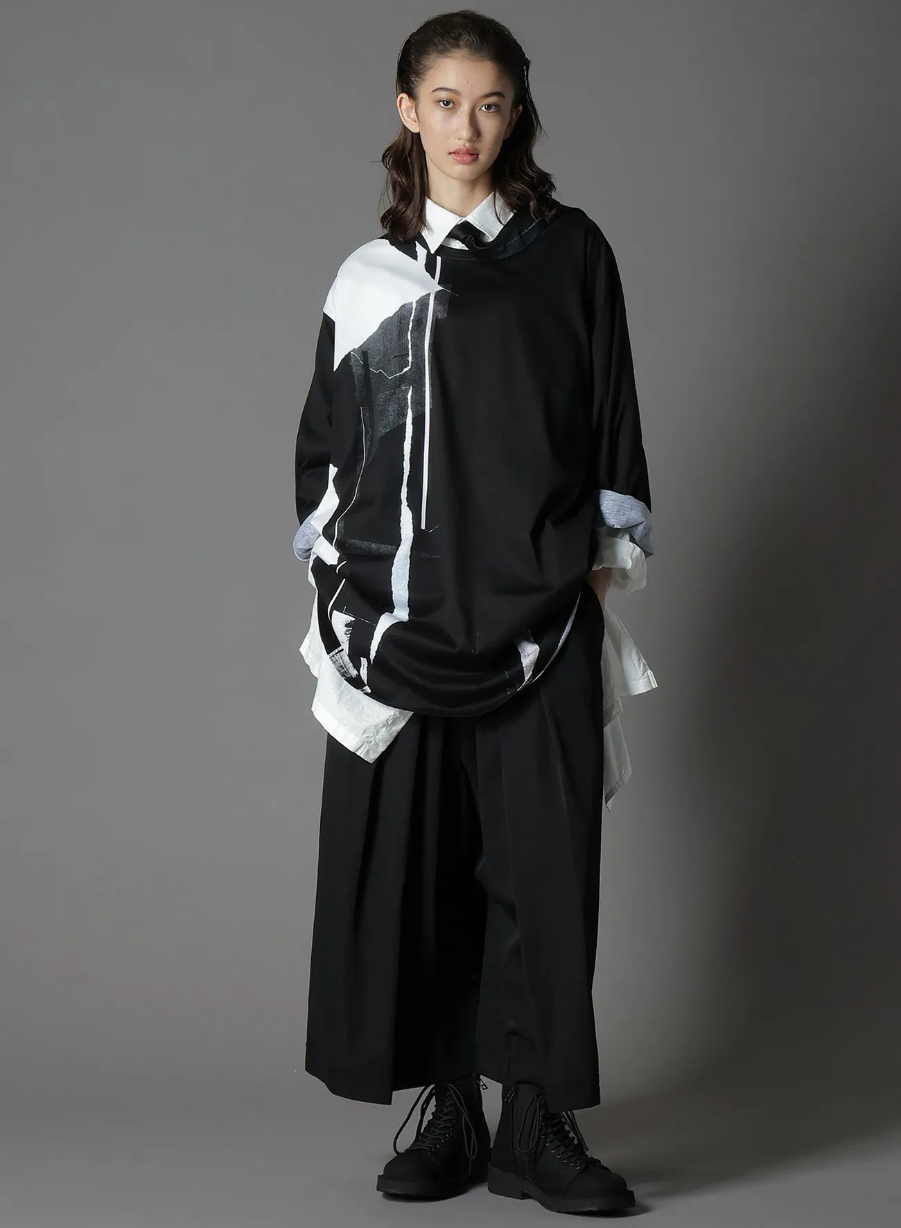 COTTON JERSEYTORN PATTERN HEM ROUND JUMBO T-SHIRT LONG SLEEVES