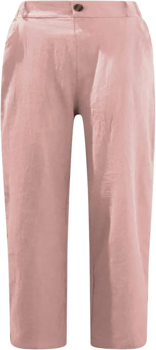 Cotton Linen Capri Pants for Women Casual 2024 Summer Straight Leg Pant Loose Cropped Trousers with Pockets