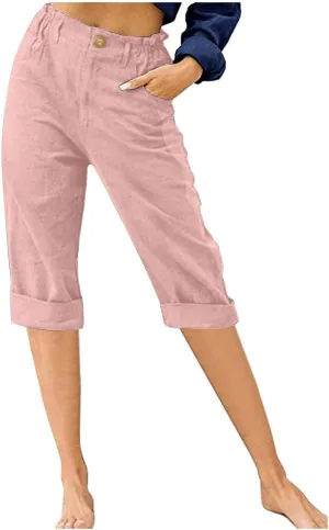 Cotton Linen Capri Pants for Women Casual 2024 Summer Straight Leg Pant Loose Cropped Trousers with Pockets