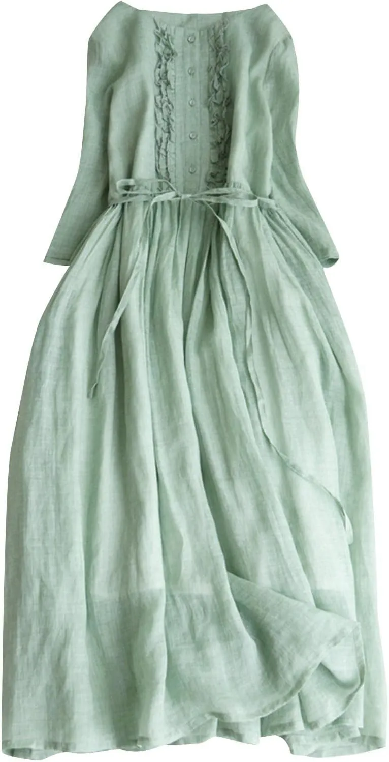 Cotton Linen Dress for Women Vintage Frill Trim Button Down Long Sleeve Casual Midi Dresses Fall Loose Flowy Sundress