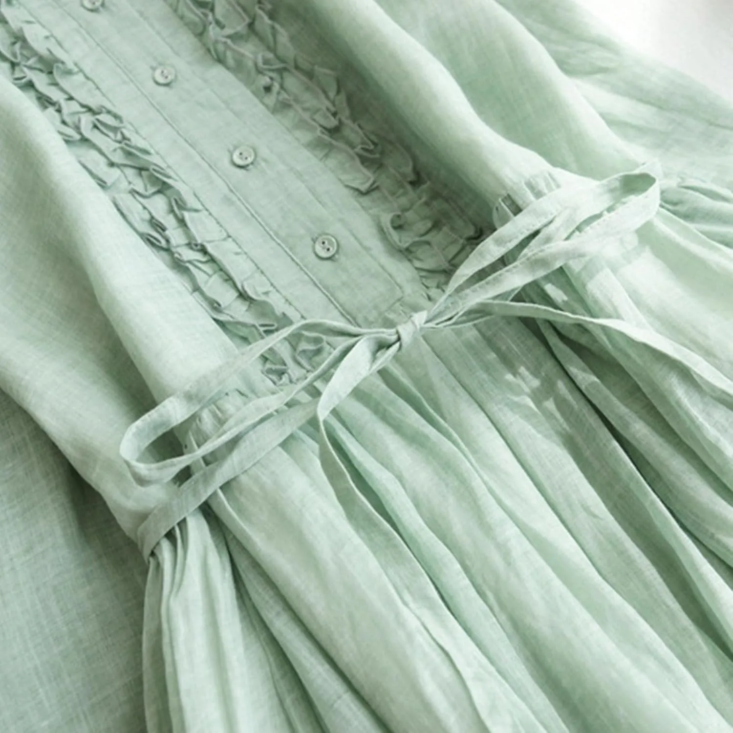 Cotton Linen Dress for Women Vintage Frill Trim Button Down Long Sleeve Casual Midi Dresses Fall Loose Flowy Sundress