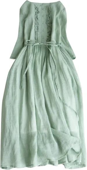 Cotton Linen Dress for Women Vintage Frill Trim Button Down Long Sleeve Casual Midi Dresses Fall Loose Flowy Sundress