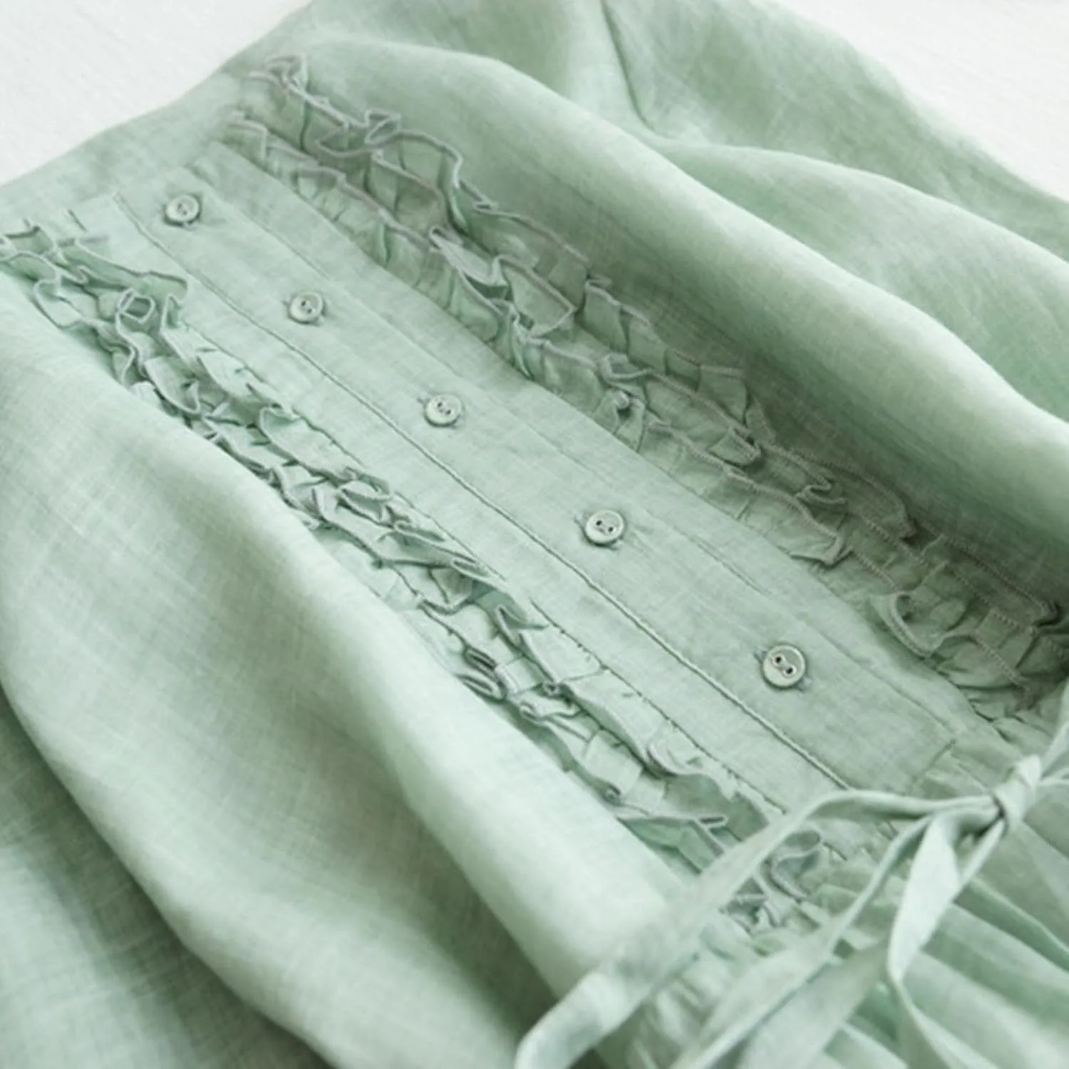 Cotton Linen Dress for Women Vintage Frill Trim Button Down Long Sleeve Casual Midi Dresses Fall Loose Flowy Sundress