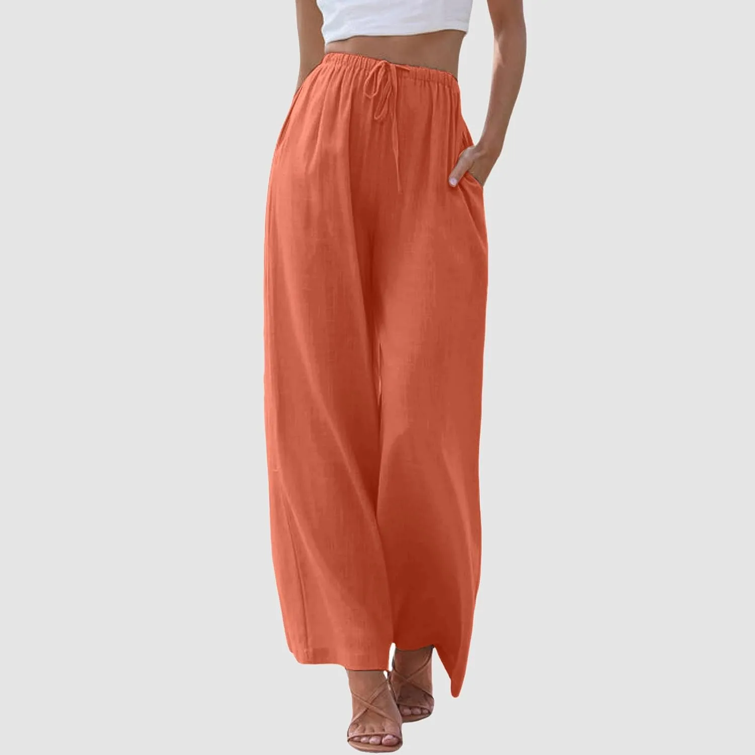 Cotton Linen Pants for Women Flowy Summer Pants Wide Leg Beach Trousers with Pockets