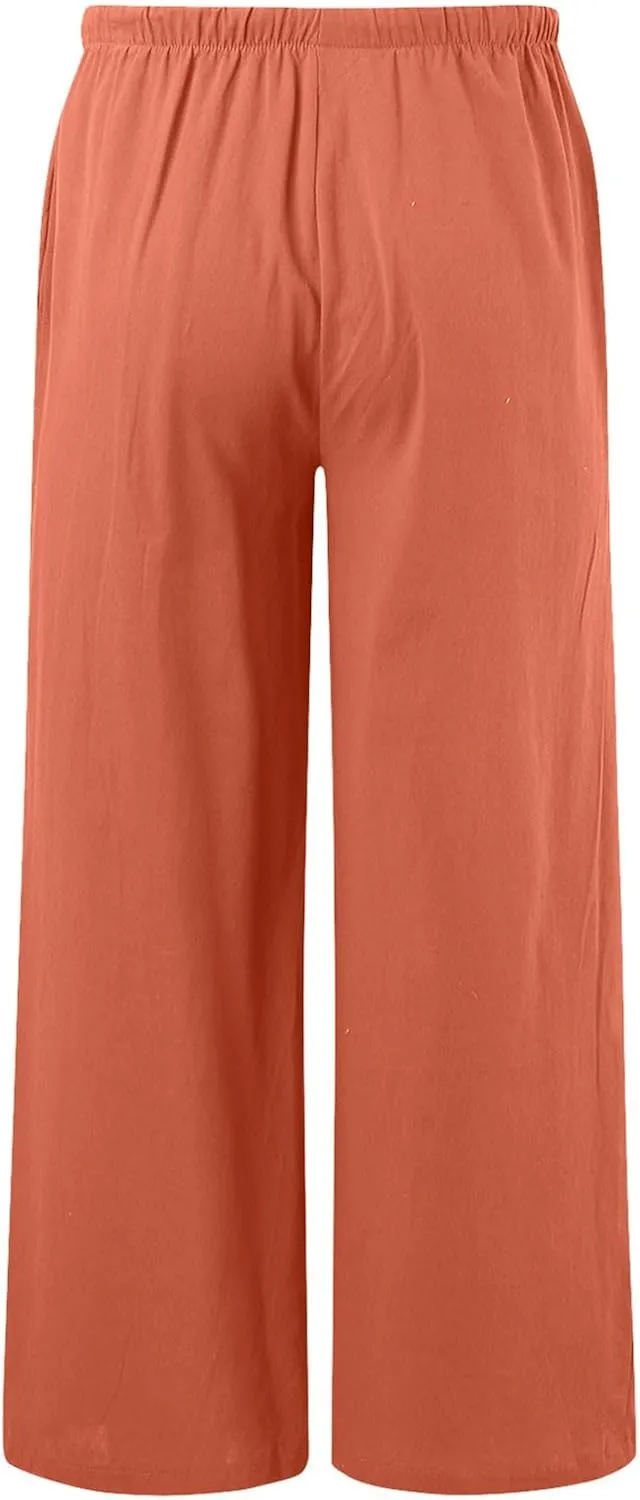 Cotton Linen Pants for Women Flowy Summer Pants Wide Leg Beach Trousers with Pockets