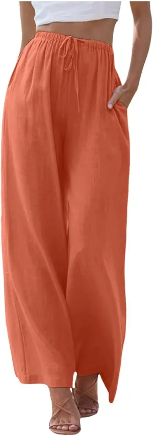 Cotton Linen Pants for Women Flowy Summer Pants Wide Leg Beach Trousers with Pockets