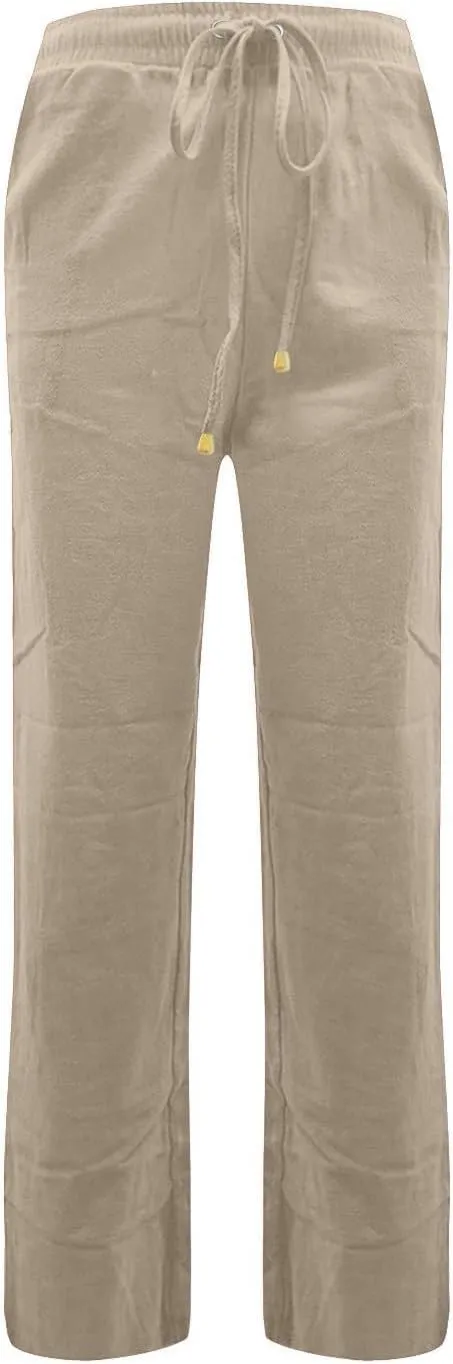 Cotton Linen Pants for Women Straight Leg Drawstring Long Trouser Loose Fit High Waist Beach Pants with Pockets