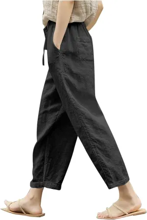 Cotton Linen Pants for Women Wide Leg Cropped Lounge Trouser Drawstring Elastic Waist Summer Beach Pant with Pockets
