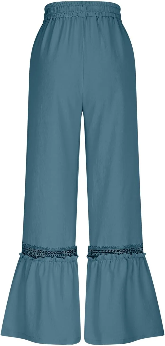 Cotton Linen Pants for Women Wide Leg Eyelet Lounge Trousers Drawstring Elastic Waist Summer Beach Pants with Pocket