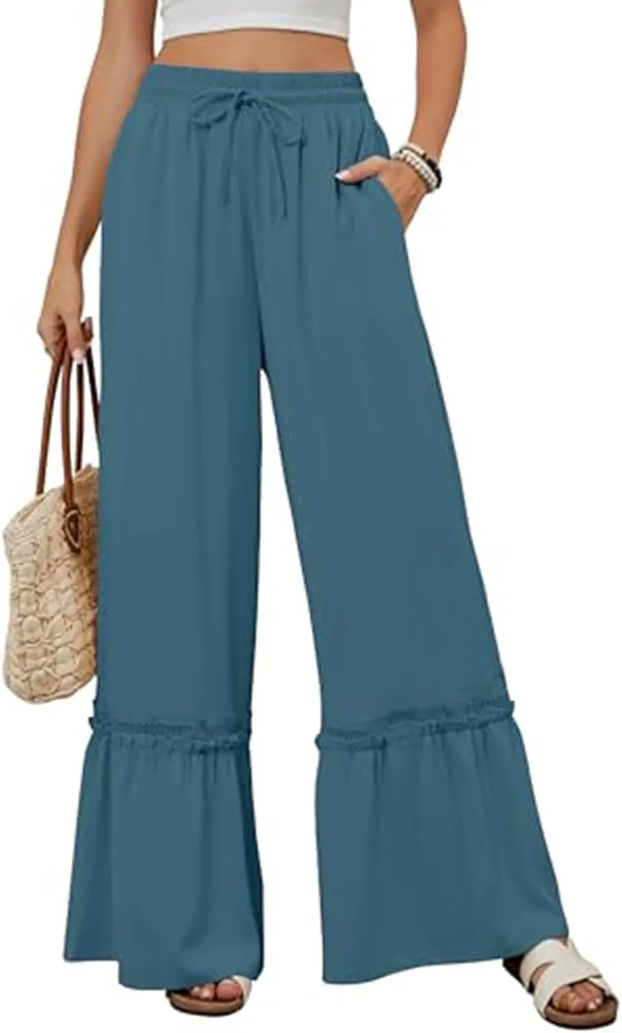 Cotton Linen Pants for Women Wide Leg Eyelet Lounge Trousers Drawstring Elastic Waist Summer Beach Pants with Pocket