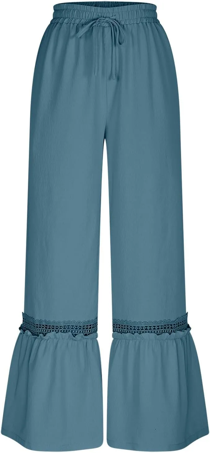 Cotton Linen Pants for Women Wide Leg Eyelet Lounge Trousers Drawstring Elastic Waist Summer Beach Pants with Pocket