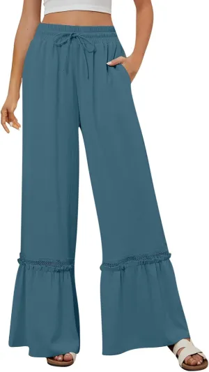Cotton Linen Pants for Women Wide Leg Eyelet Lounge Trousers Drawstring Elastic Waist Summer Beach Pants with Pocket