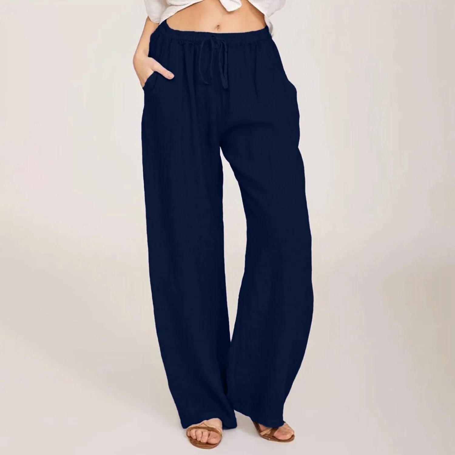 Cotton Linen Pants Women Summer Casual Wide Leg Loose Trousers Drawstring High Waist Palazzo Pants with Pocket