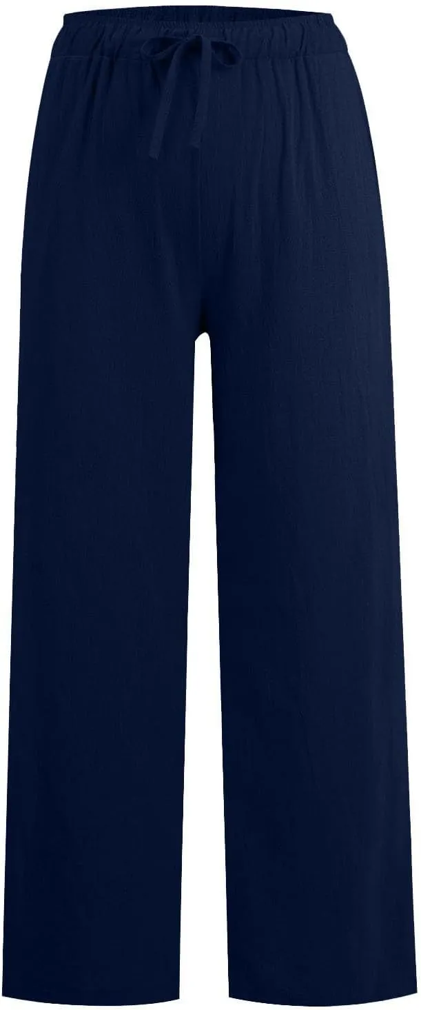 Cotton Linen Pants Women Summer Casual Wide Leg Loose Trousers Drawstring High Waist Palazzo Pants with Pocket