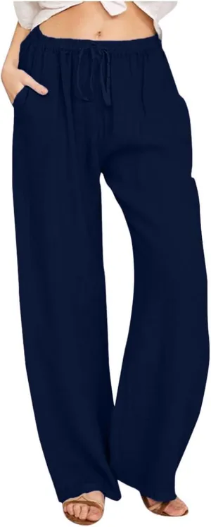 Cotton Linen Pants Women Summer Casual Wide Leg Loose Trousers Drawstring High Waist Palazzo Pants with Pocket