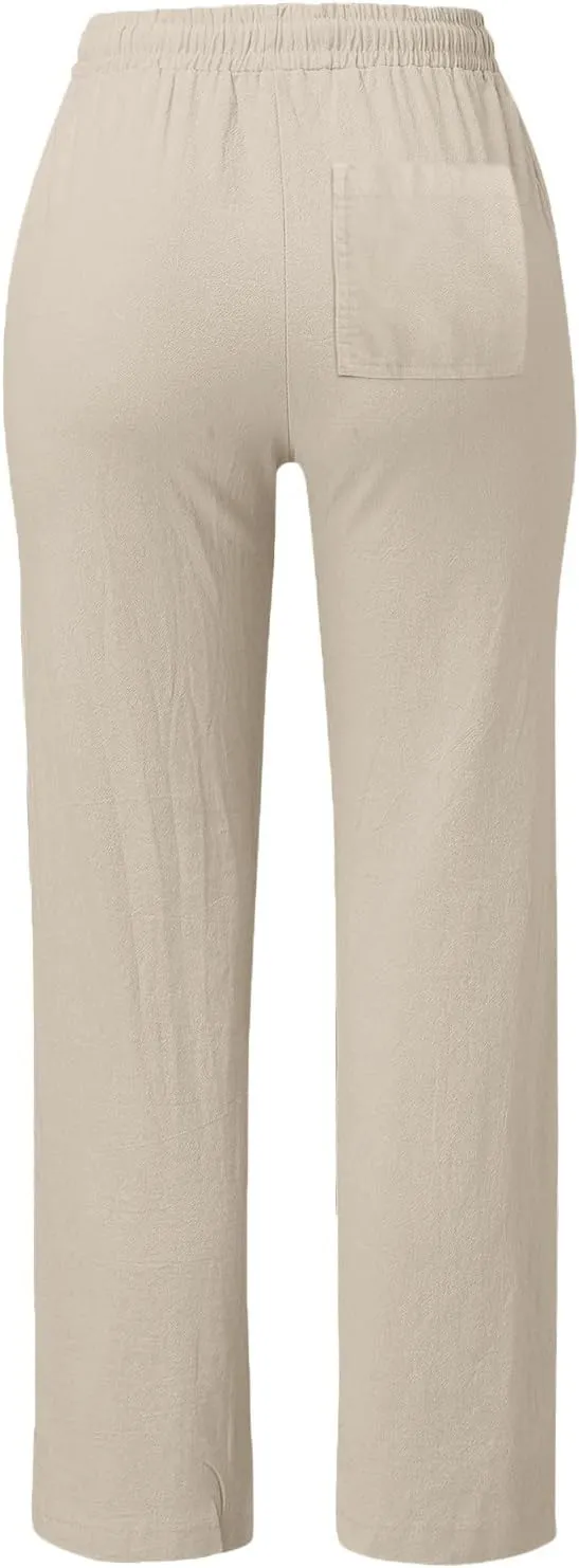 Cotton Linen Pants Women Summer Petite Elastic Waist Solid Lounge Long Trousers Relax Fit Leg White Beach Pant