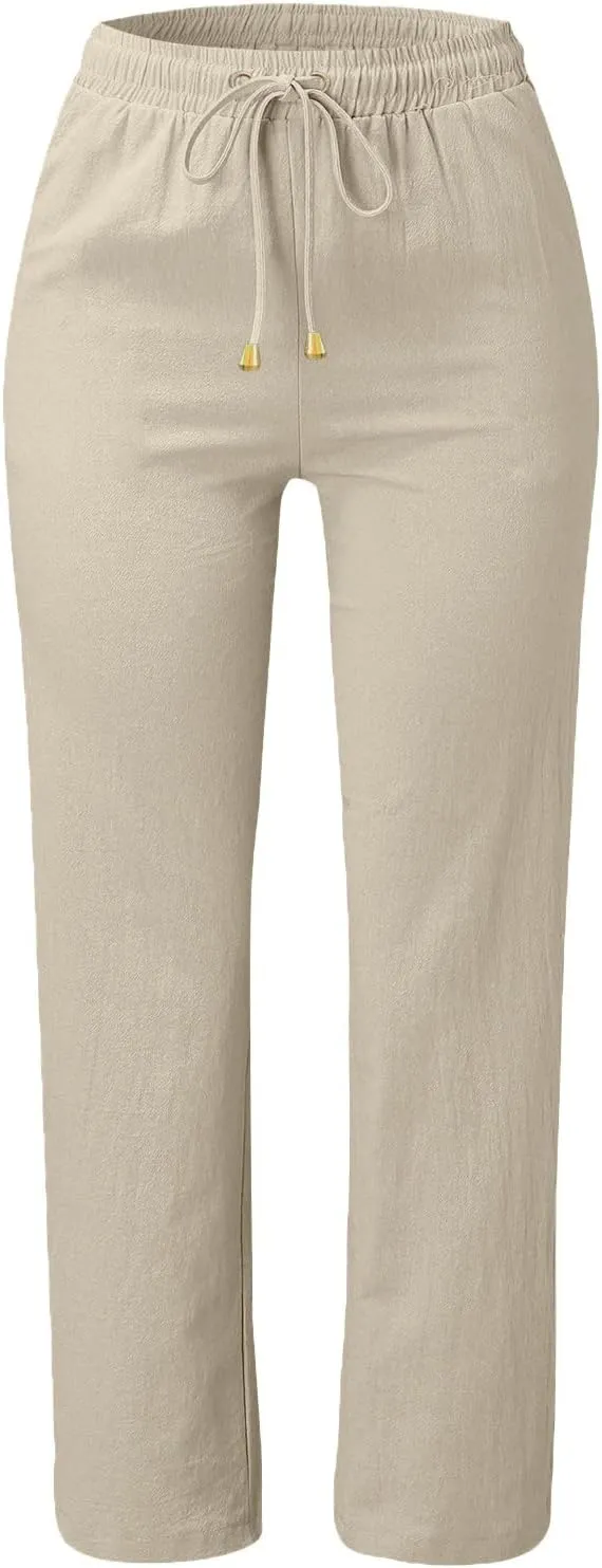 Cotton Linen Pants Women Summer Petite Elastic Waist Solid Lounge Long Trousers Relax Fit Leg White Beach Pant