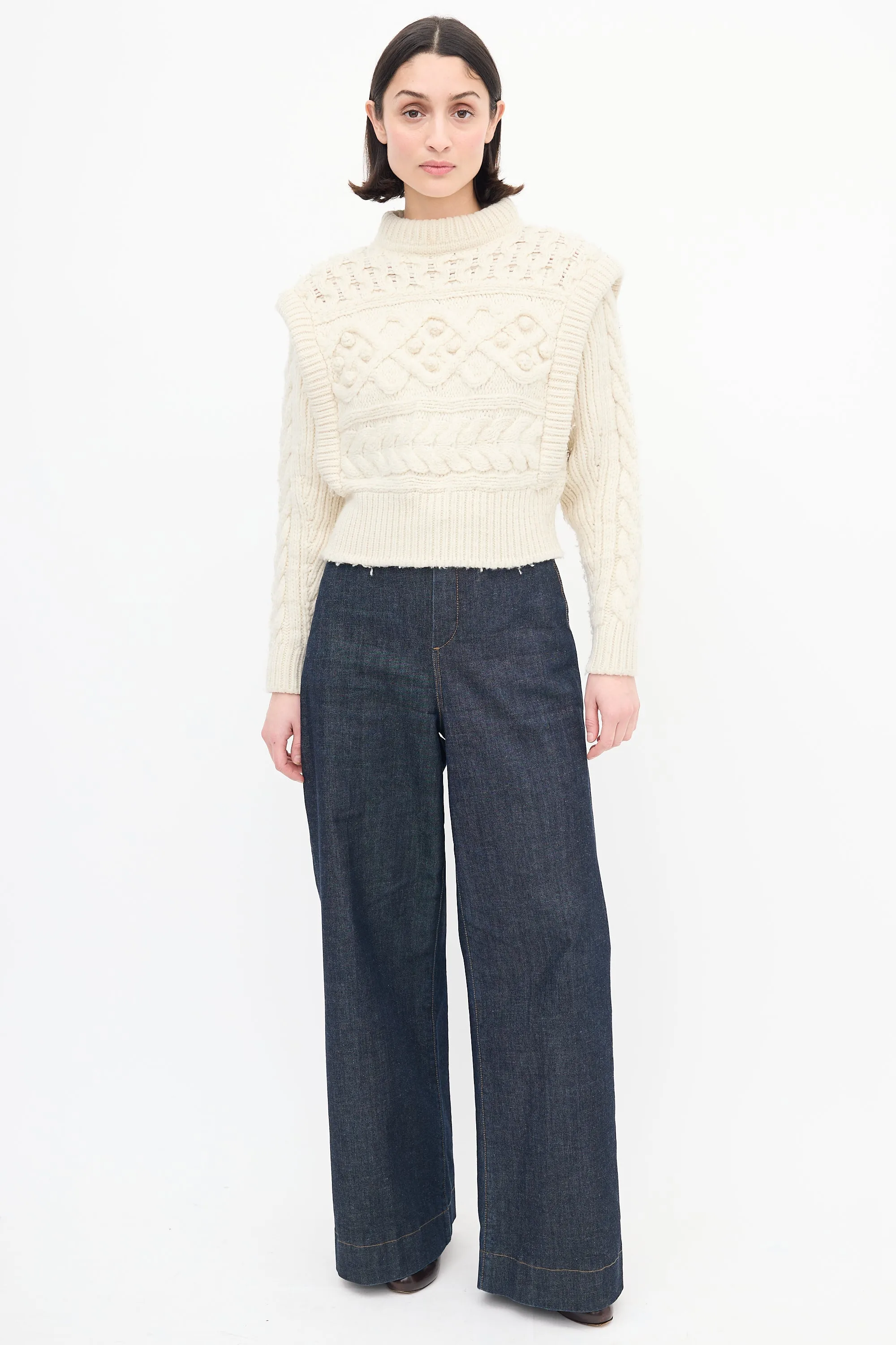 Cream Wool Cable Knit Pom Pom Sweater