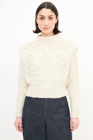 Cream Wool Cable Knit Pom Pom Sweater