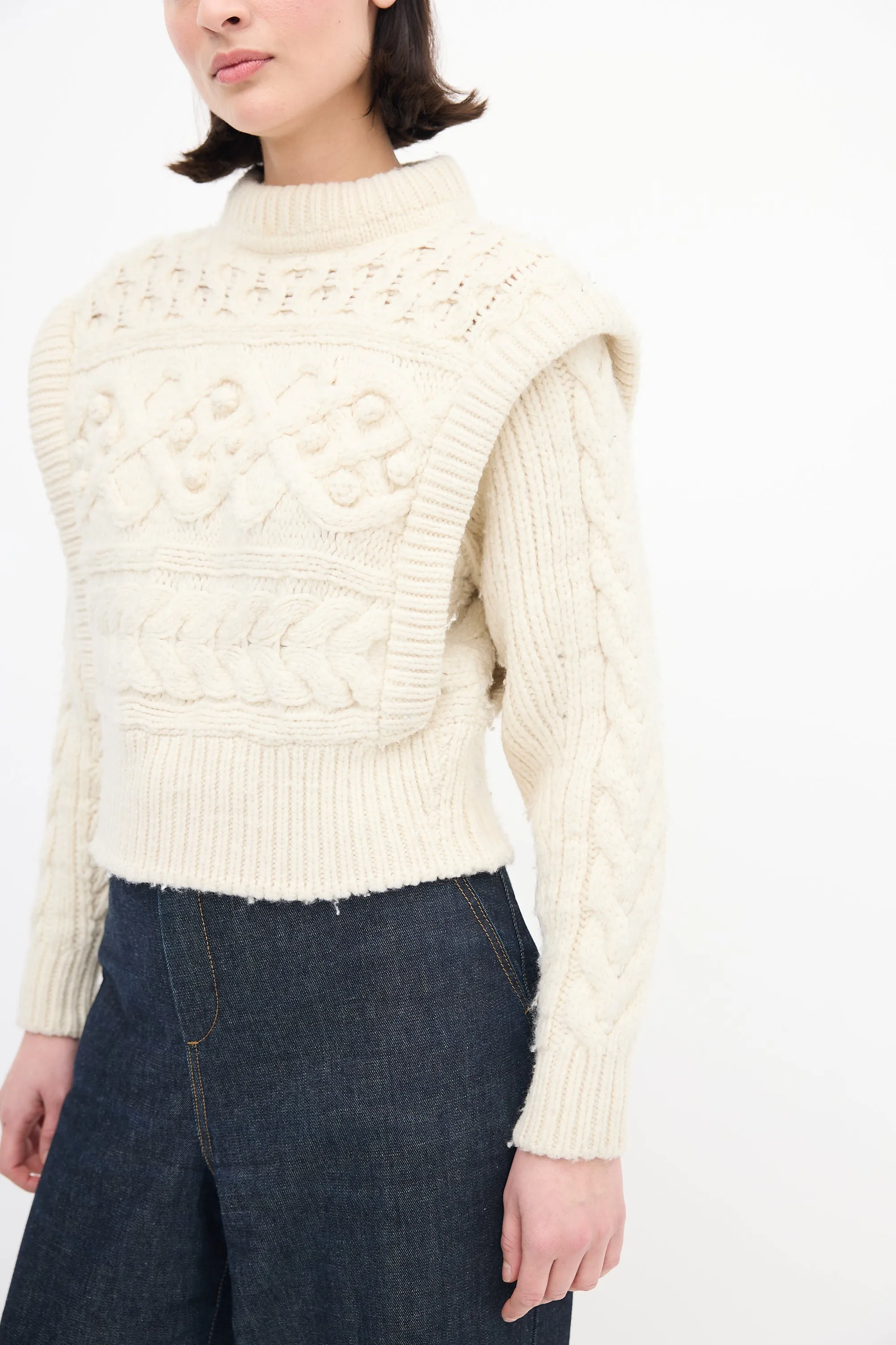 Cream Wool Cable Knit Pom Pom Sweater