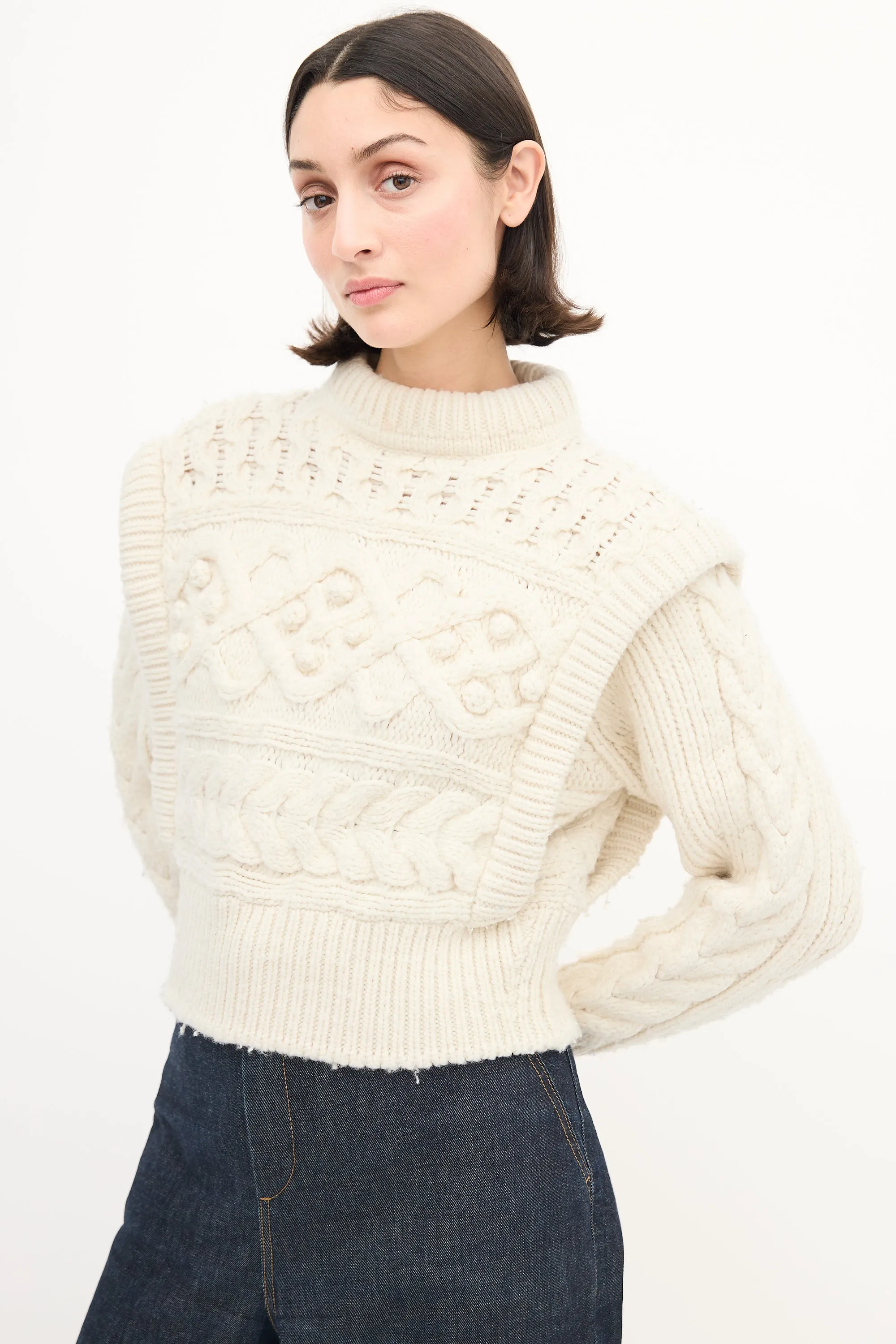 Cream Wool Cable Knit Pom Pom Sweater