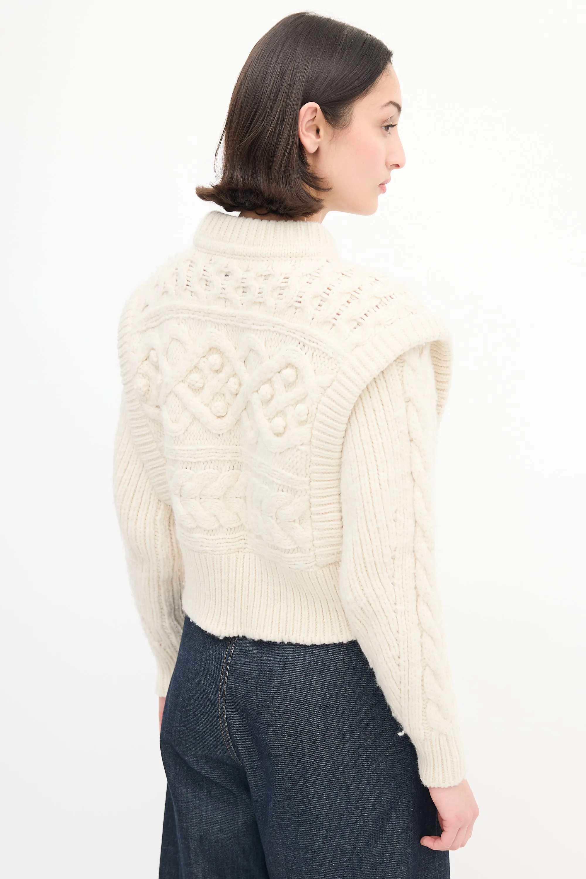Cream Wool Cable Knit Pom Pom Sweater