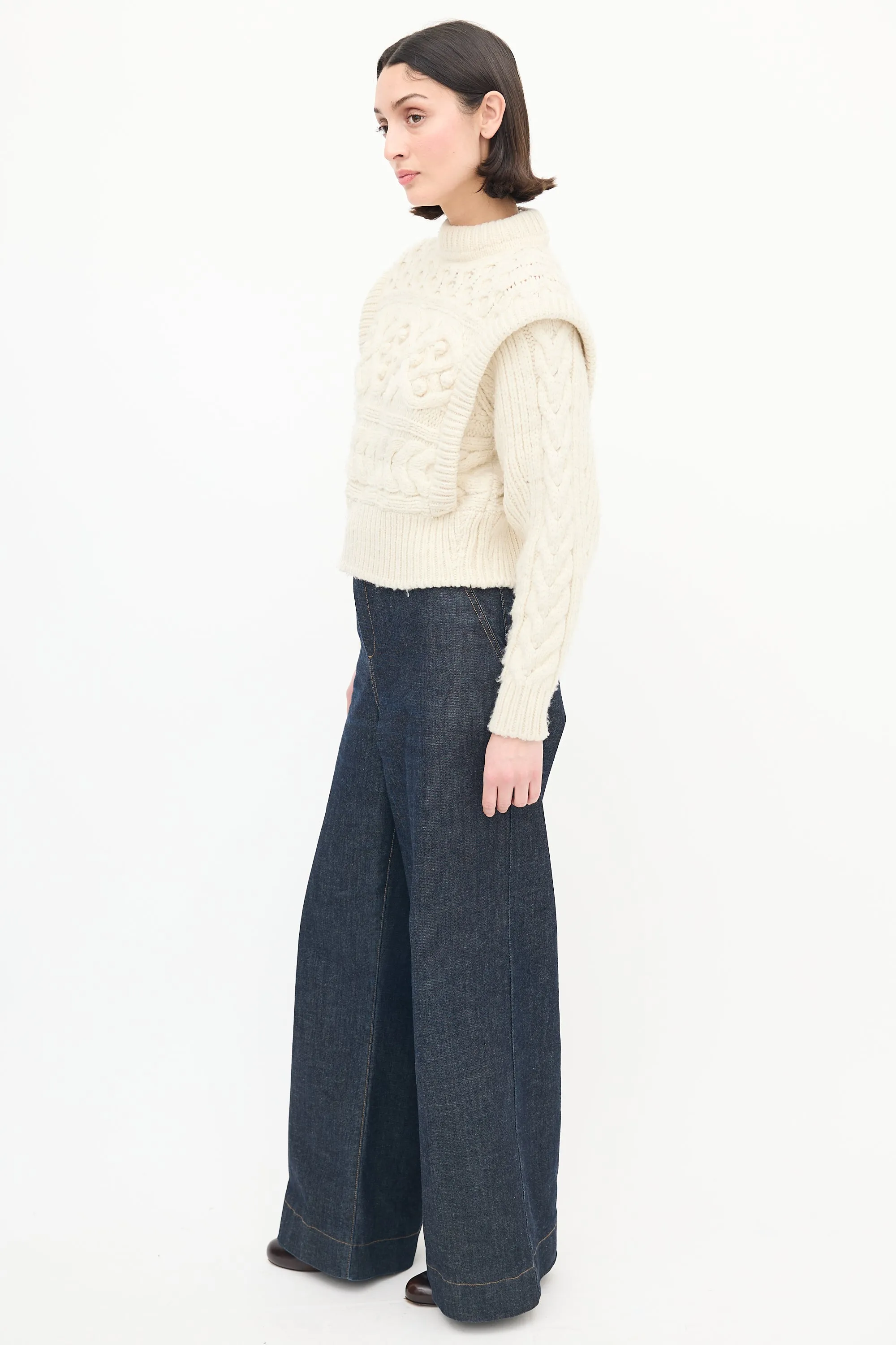 Cream Wool Cable Knit Pom Pom Sweater