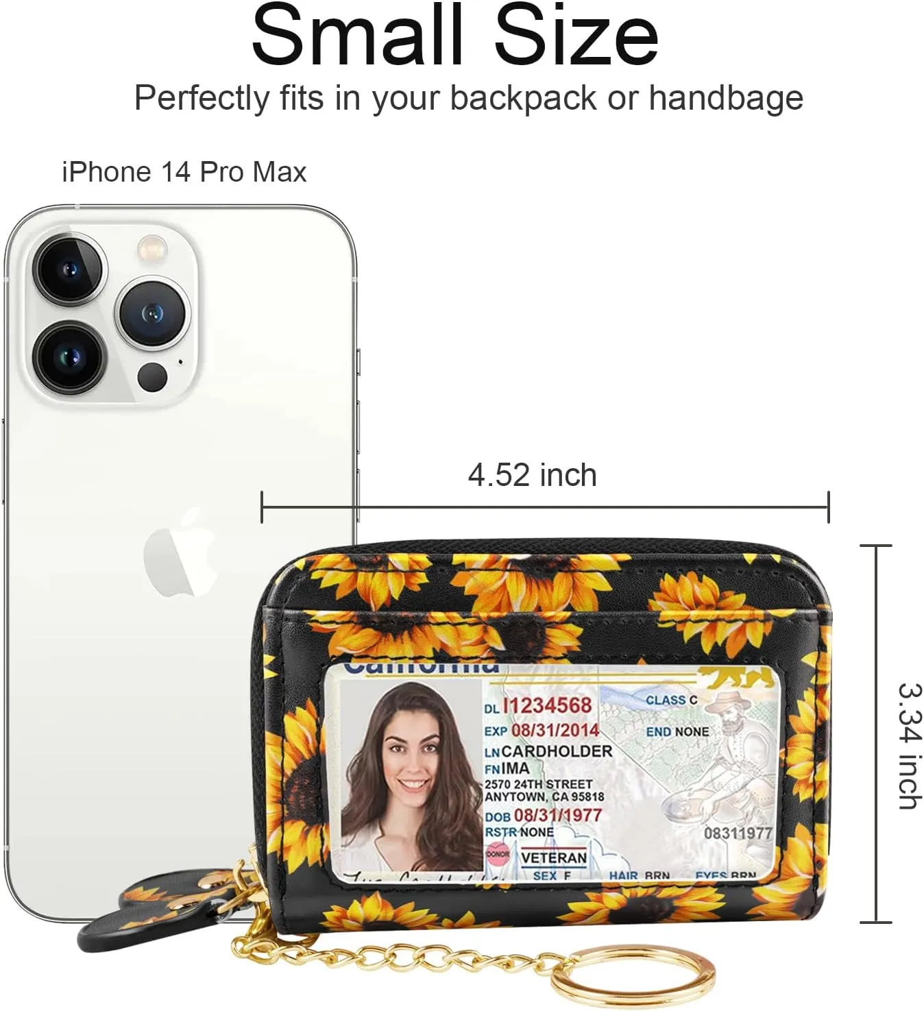 Credit Card Holder Small Double Zipper Card Wallet for Women with Keychain, Sunflower
