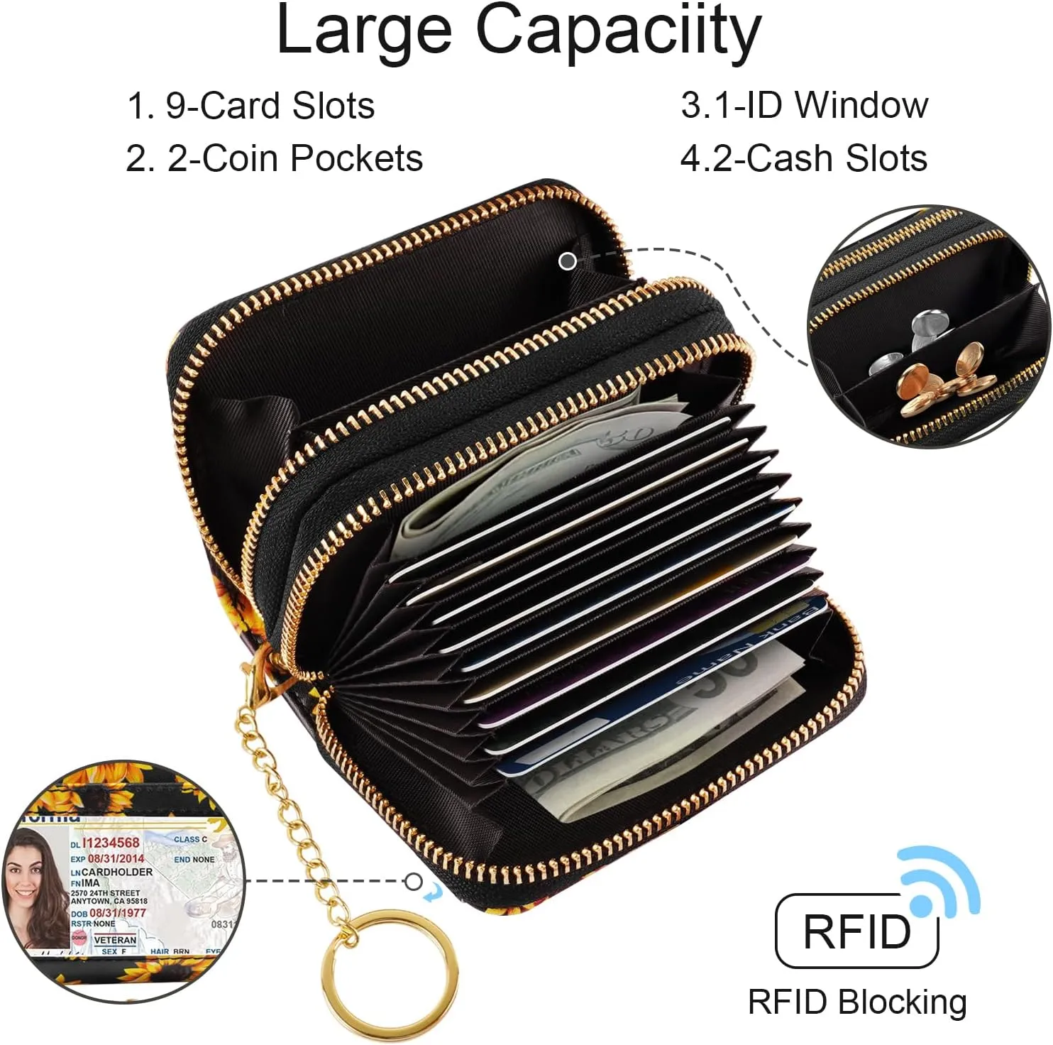 Credit Card Holder Small Double Zipper Card Wallet for Women with Keychain, Sunflower