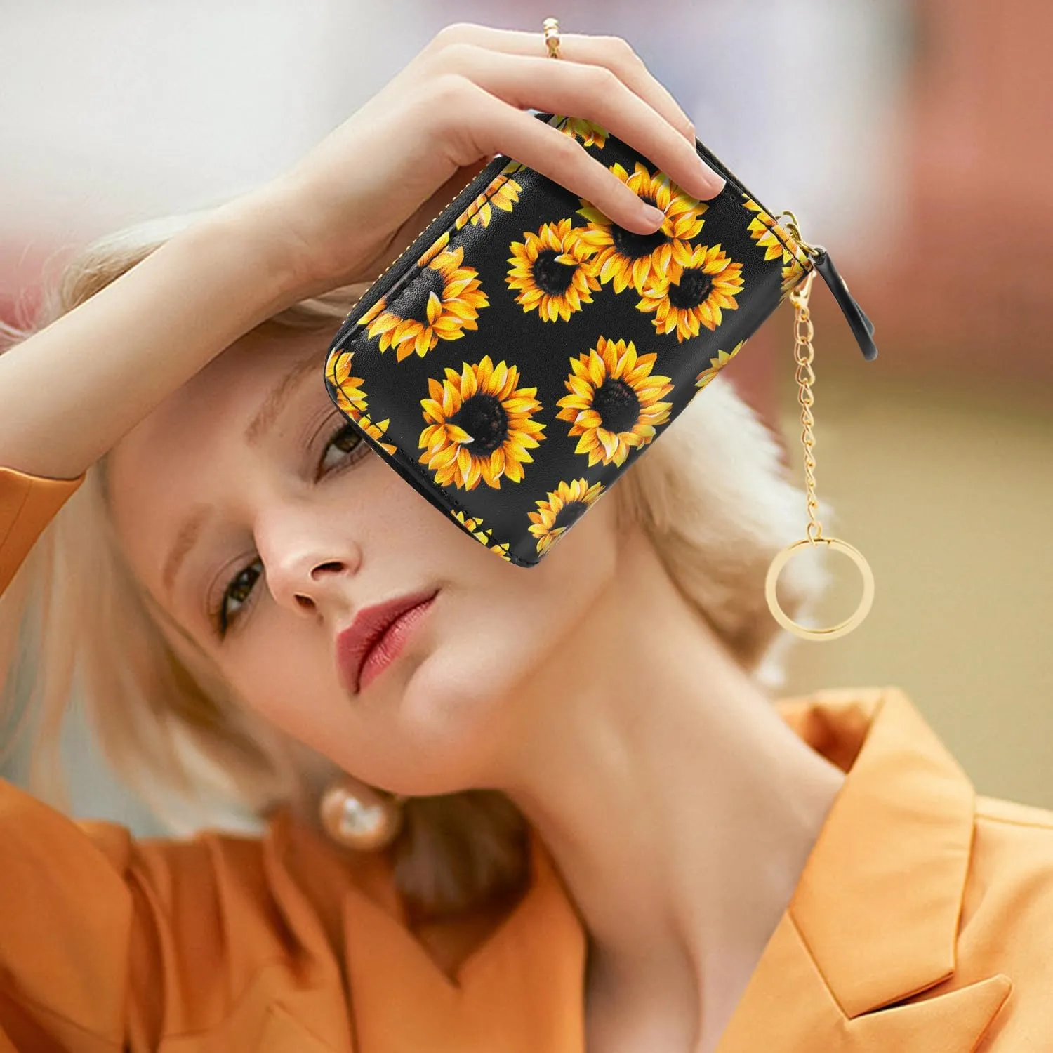 Credit Card Holder Small Double Zipper Card Wallet for Women with Keychain, Sunflower