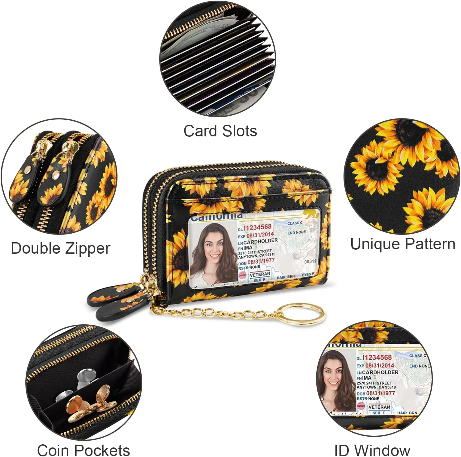 Credit Card Holder Small Double Zipper Card Wallet for Women with Keychain, Sunflower