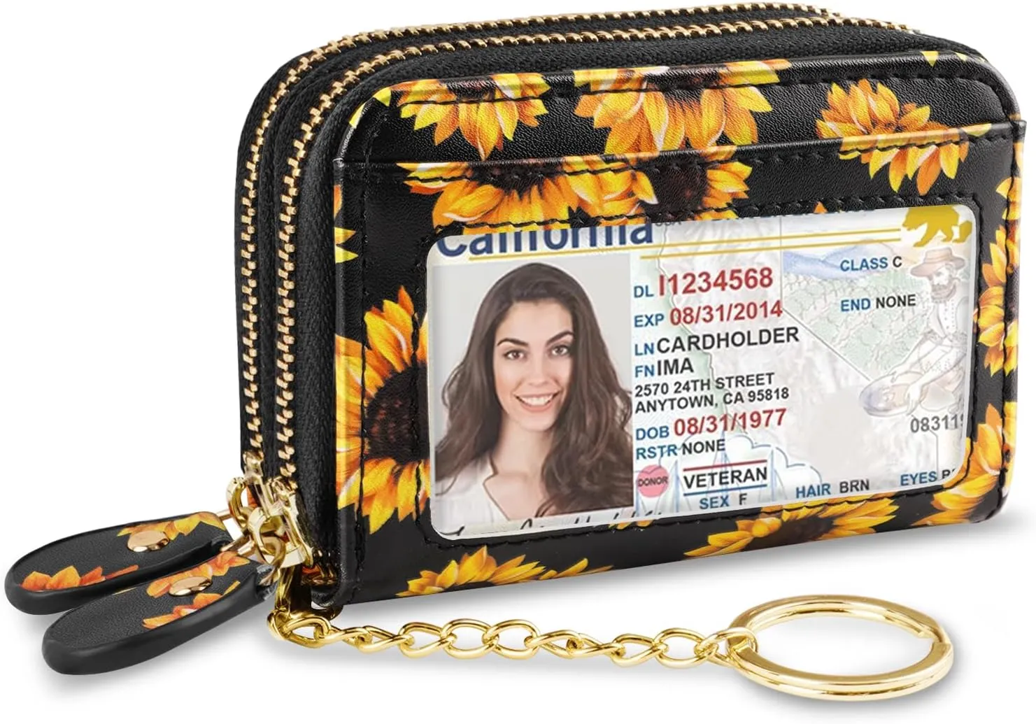 Credit Card Holder Small Double Zipper Card Wallet for Women with Keychain, Sunflower