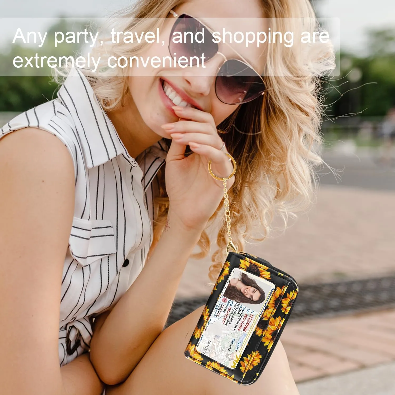 Credit Card Holder Small Double Zipper Card Wallet for Women with Keychain, Sunflower