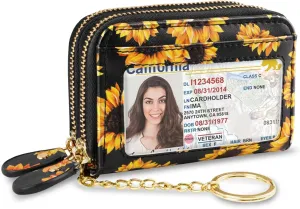 Credit Card Holder Small Double Zipper Card Wallet for Women with Keychain, Sunflower