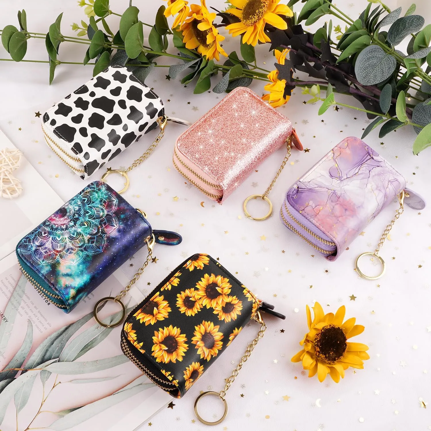 Credit Card Holder Small Double Zipper Card Wallet for Women with Keychain, Sunflower