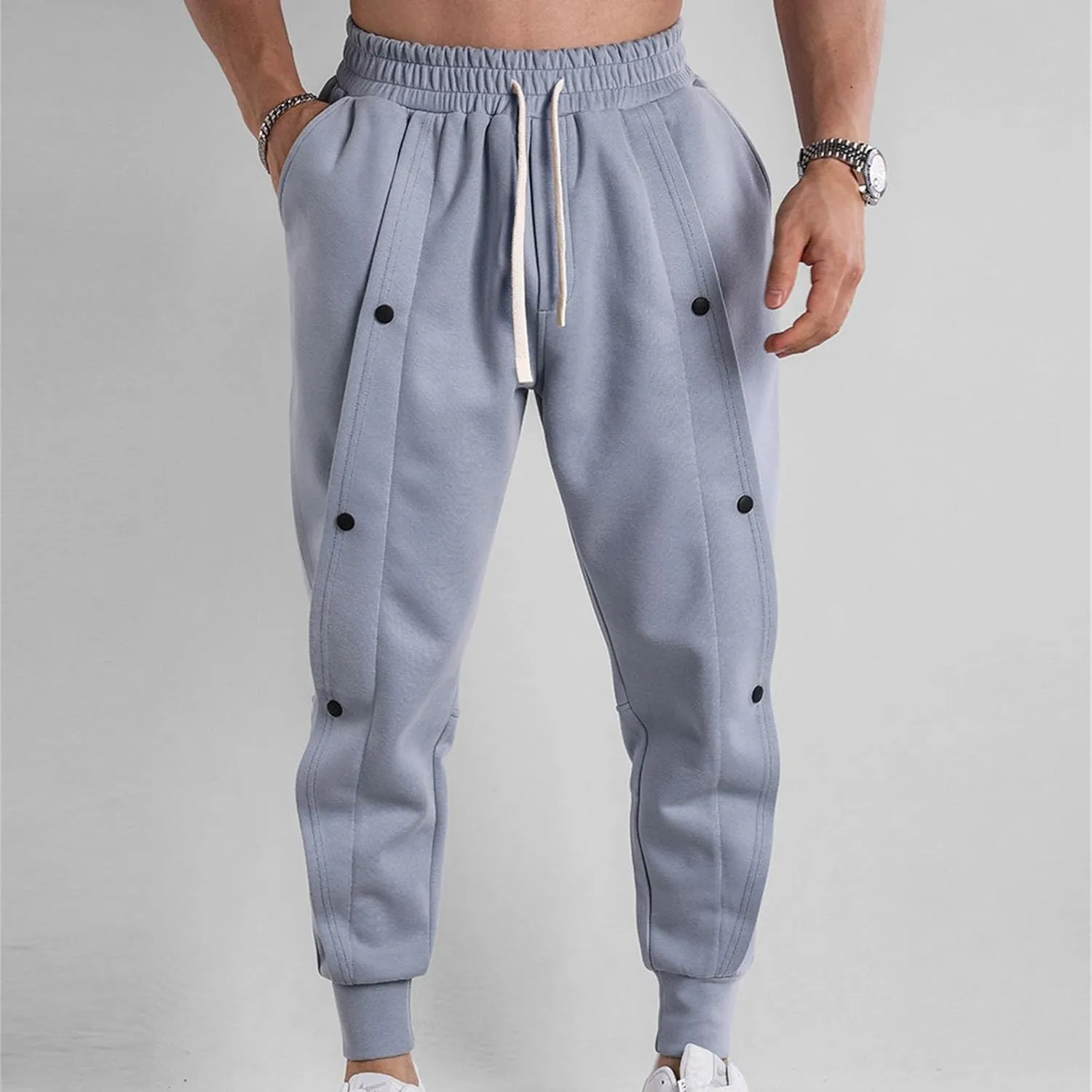 CRNTCEM Men's Button Track Pants Tapered Leg Athletic Joggers Elastic Waisted Workout Running Gym Sweatpants with Pockets