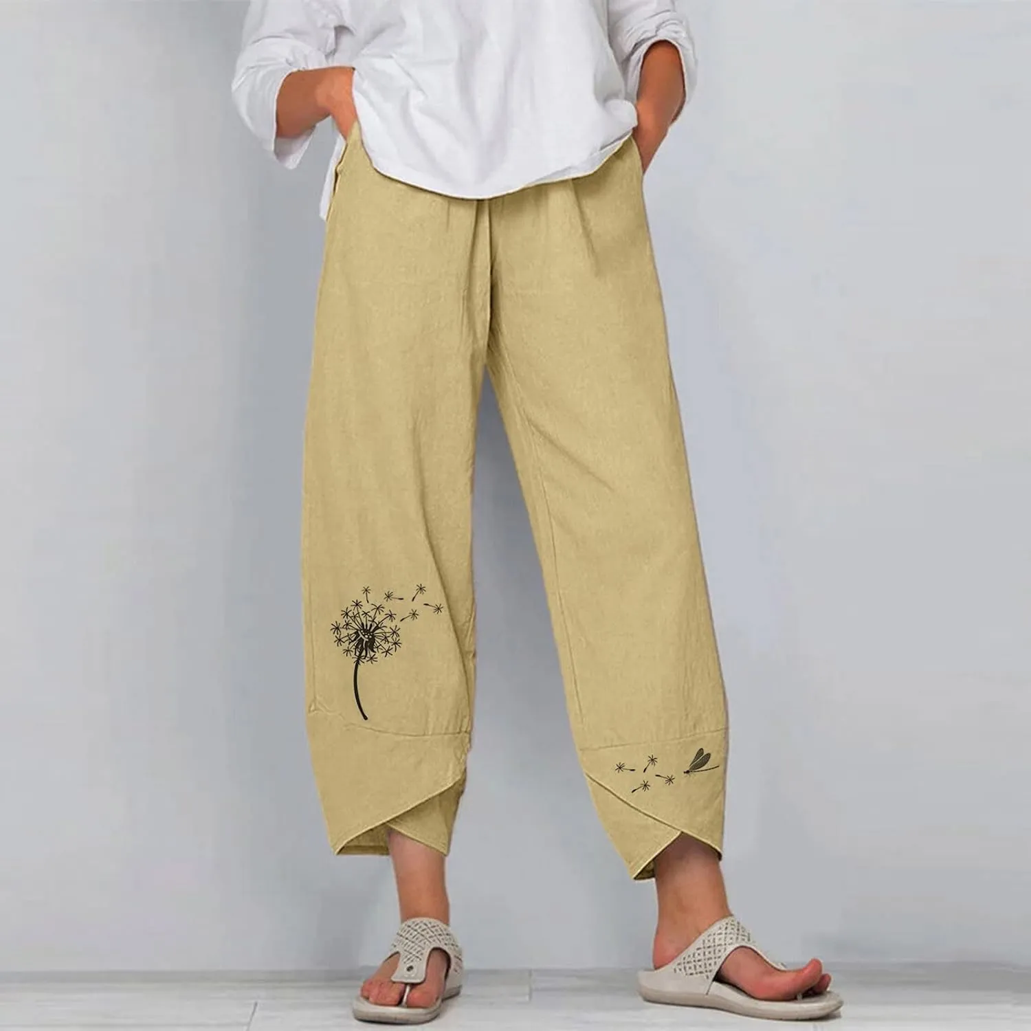Cropped Pants for Women Boho Summer High Waist Capri Pants Dandelion Print Comfy Straight Leg Lounge Pant with Pockets