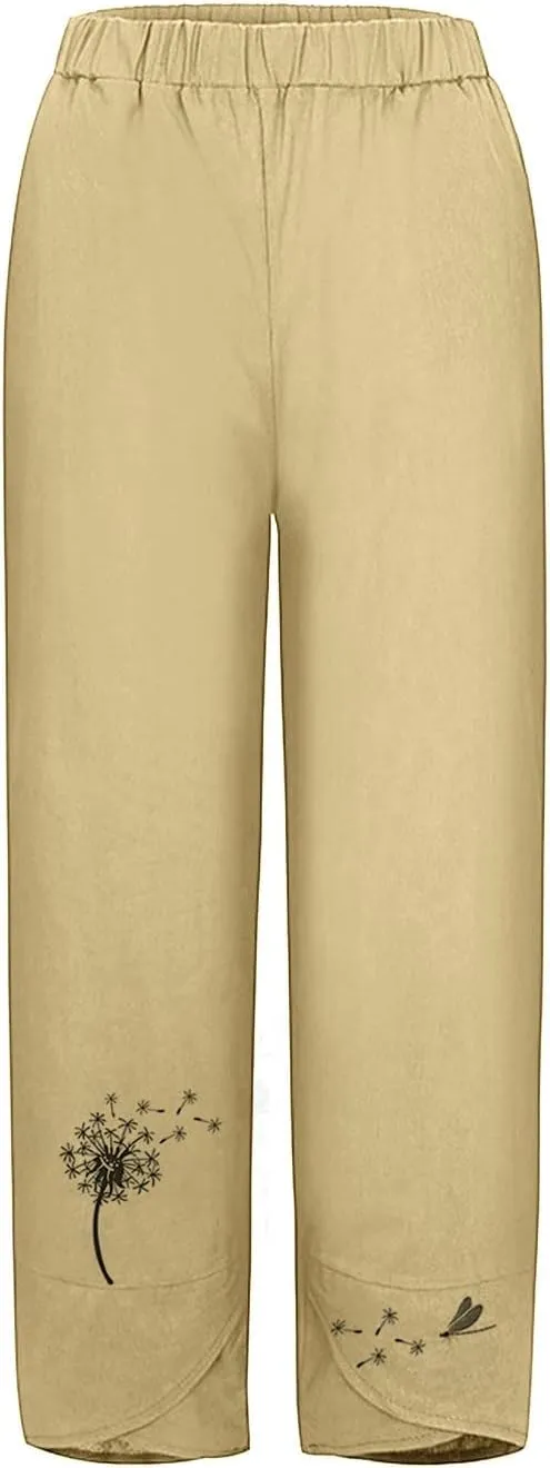 Cropped Pants for Women Boho Summer High Waist Capri Pants Dandelion Print Comfy Straight Leg Lounge Pant with Pockets