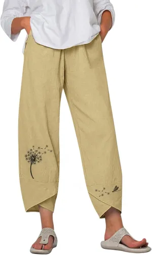 Cropped Pants for Women Boho Summer High Waist Capri Pants Dandelion Print Comfy Straight Leg Lounge Pant with Pockets