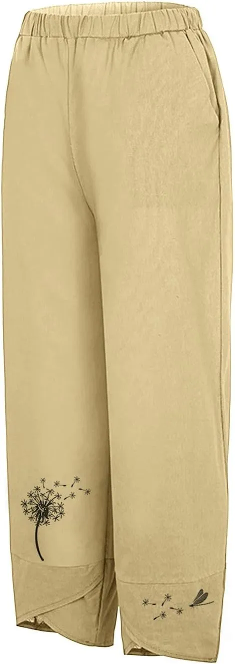 Cropped Pants for Women Boho Summer High Waist Capri Pants Dandelion Print Comfy Straight Leg Lounge Pant with Pockets
