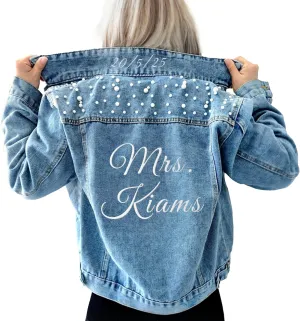Custom Pearl Denim Jacket for Bride, Personalized Wedding Bridal with Name, Customized Wifey Jacket, Gift for Bride, Future Mrs