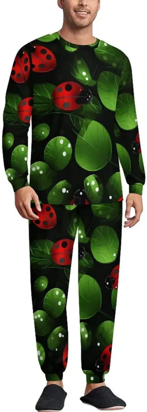 Cute Ladybugs Men's Pajamas Sets Round Neck Long Sleeve Shirts And Bottoms 2 Piece Pjs Loungewear