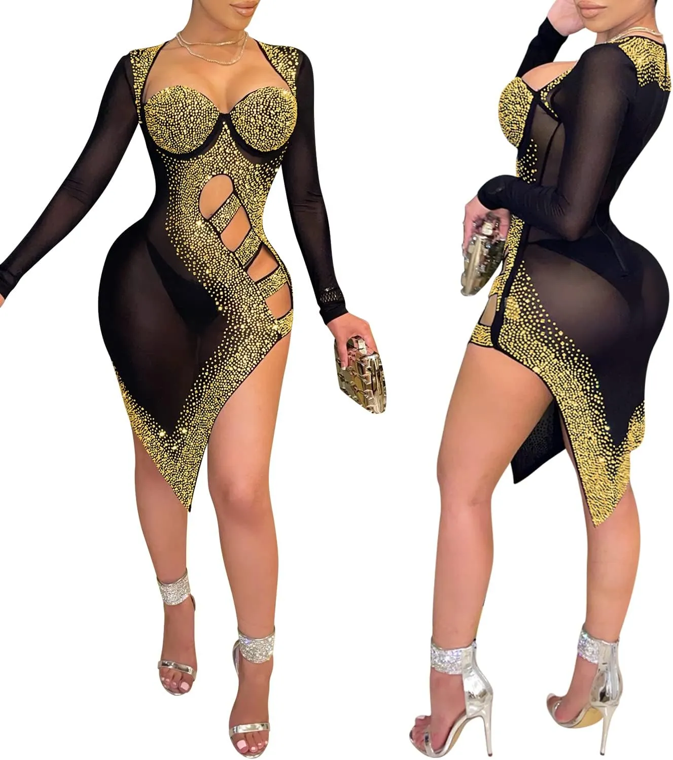 CUTUBLY Women Long Sleeve Birthday Dresses Rhinestone Cut Out Bodycon Mini Club Sexy Dress Party Club Night Dress