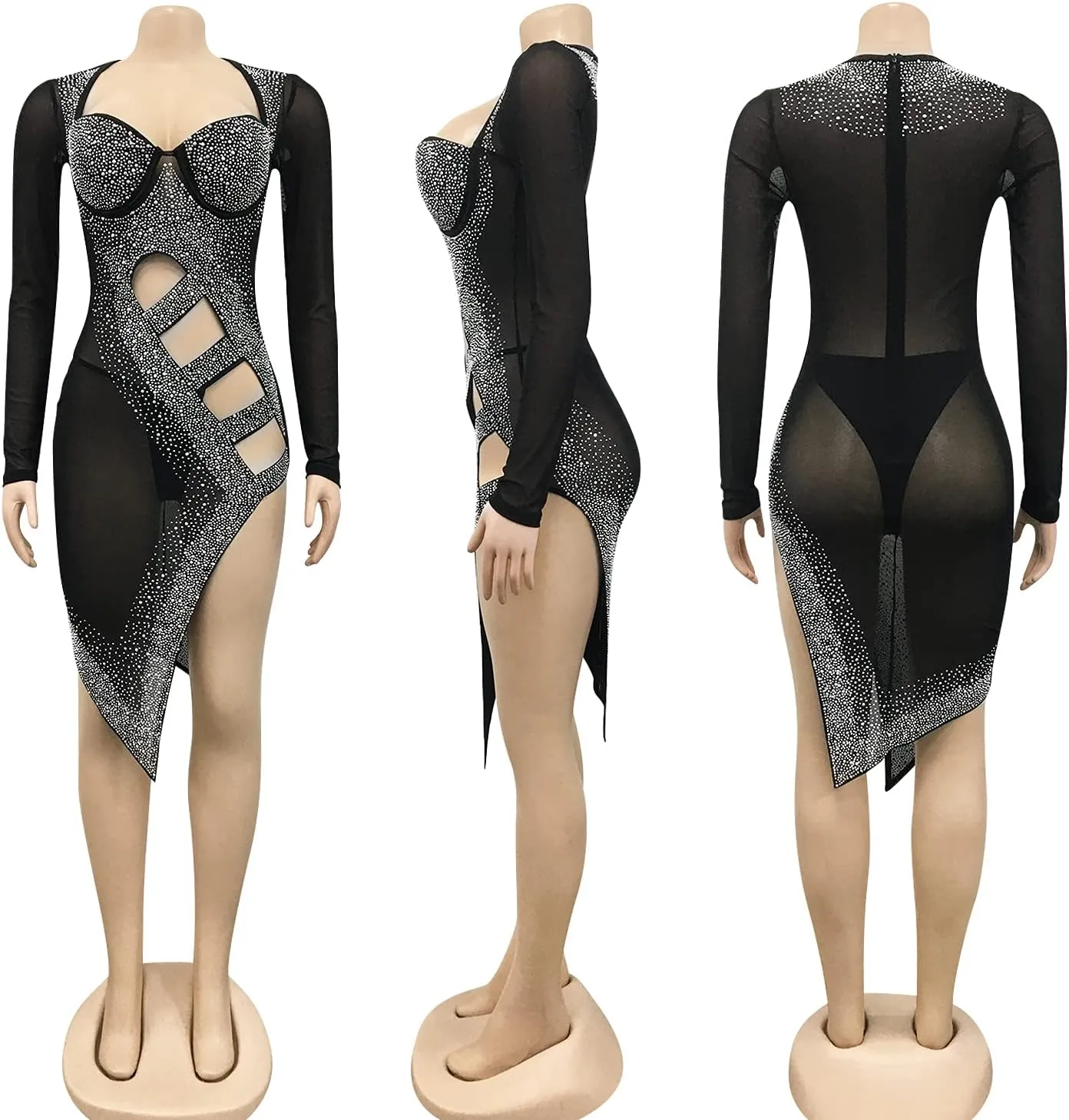 CUTUBLY Women Long Sleeve Birthday Dresses Rhinestone Cut Out Bodycon Mini Club Sexy Dress Party Club Night Dress